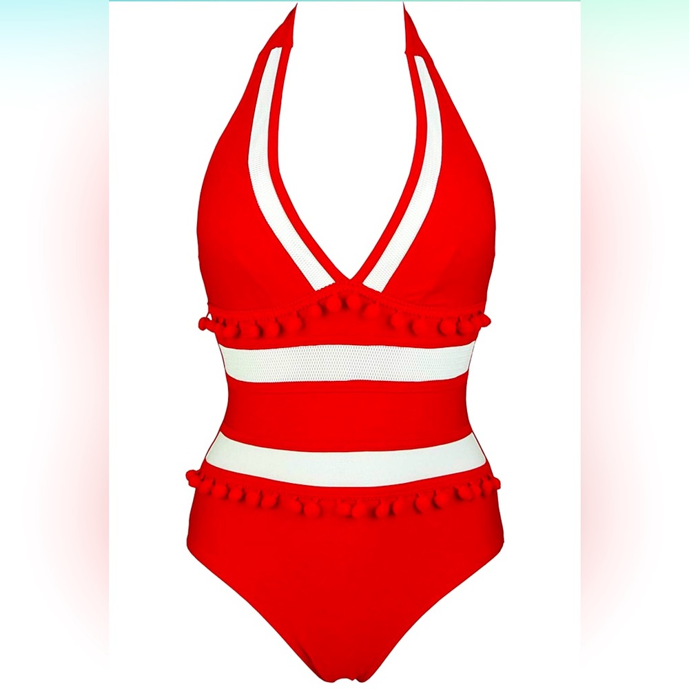 Cocoship Red Deep V Neck Halter Pom Pom Bathing Swim Suit Plus Size 14